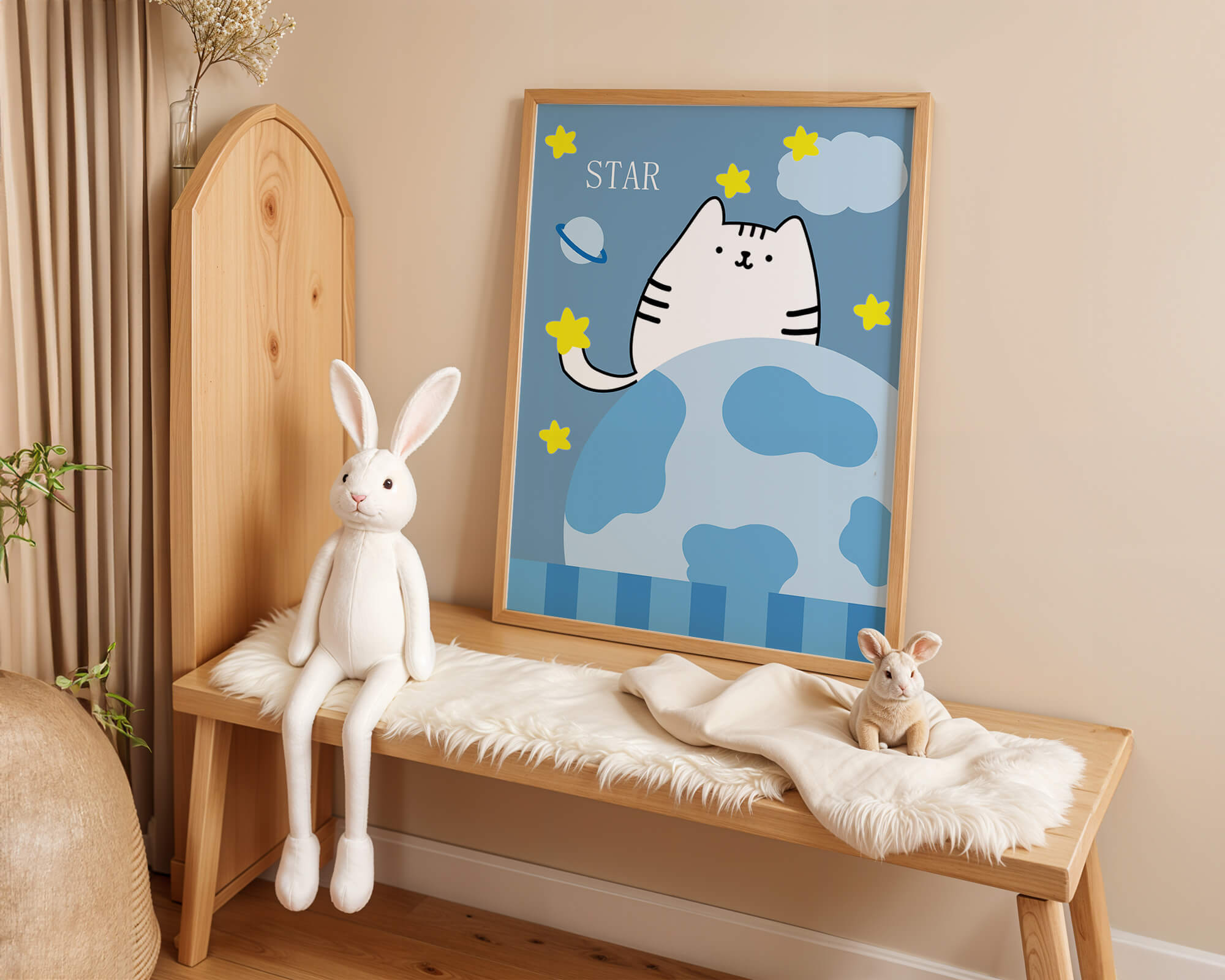 Illustration of a cute cat in space with stars and planets