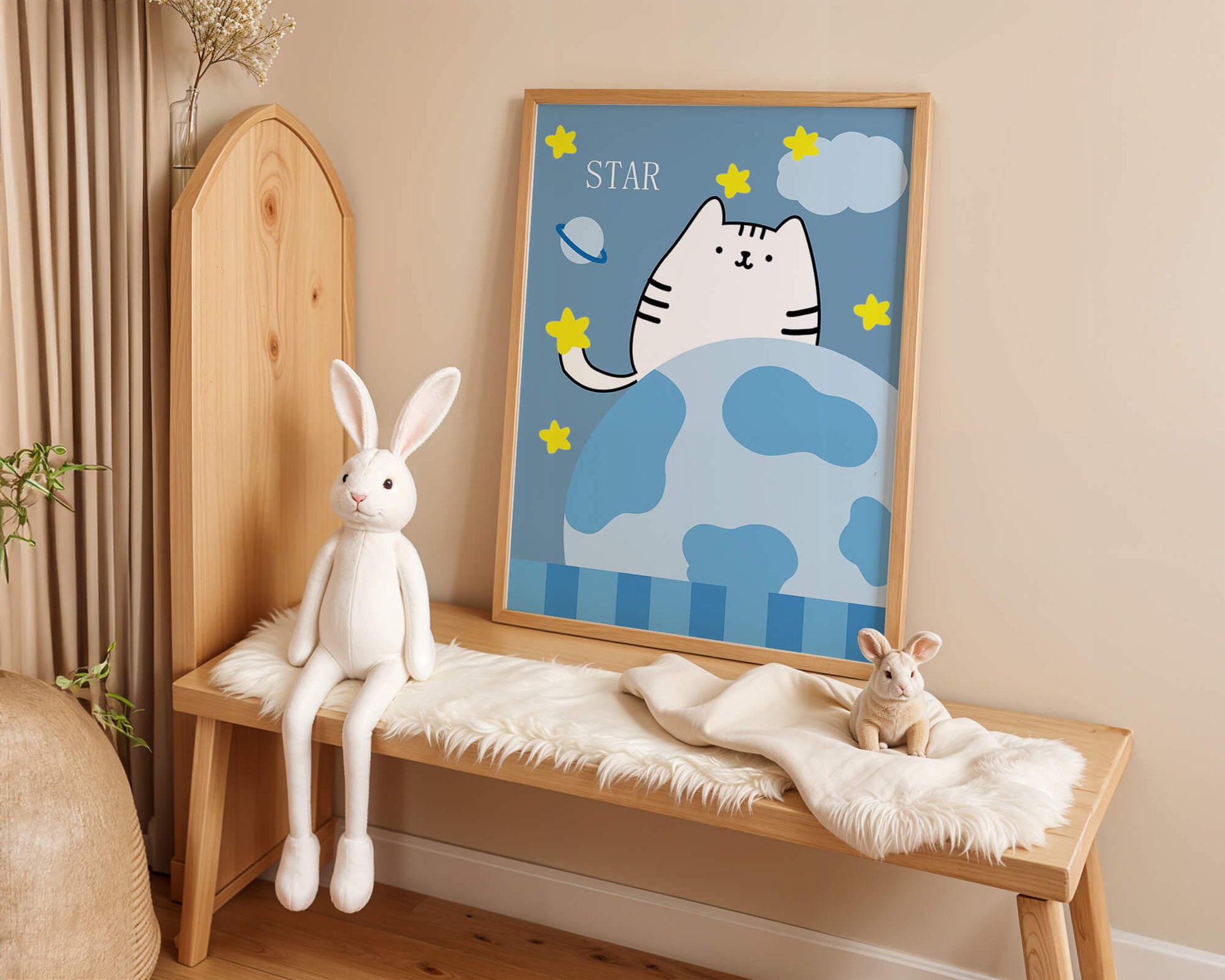 Illustration of a cute cat in space with stars and planets