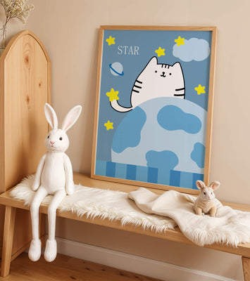 Illustration of a cute cat in space with stars and planets
