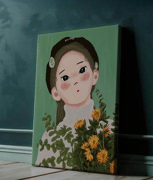 Illustration of a girl with flowers and a beret on a green background