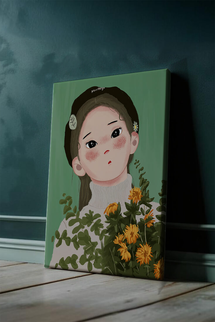 Illustration of a girl with flowers and a beret on a green background