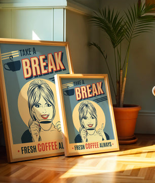Retro Coffee Break Poster with Woman Holding a Cup - Mi tienda