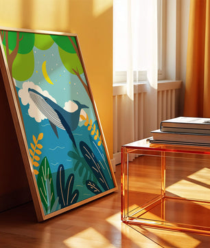 Illustration eines Wals in einer farbenfrohen Waldszene mit Mond und Pflanzen