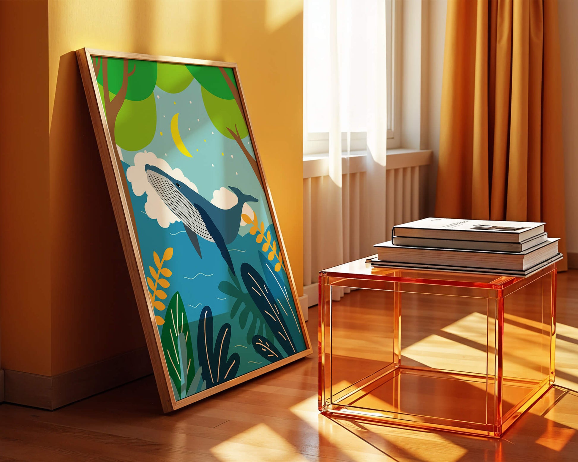 Illustration of a whale in a colorful forest scene with moon and plants