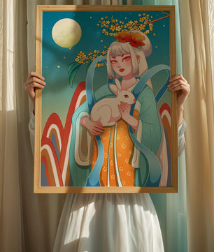 Femme élégante en tenue traditionnelle tenant un lapin blanc sous une pleine lune