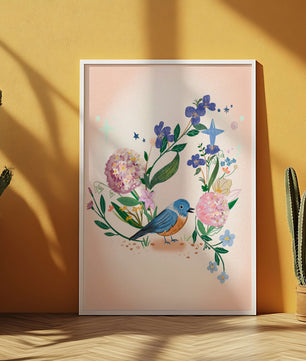 Delightful illustration of a bird amidst colorful flowers on a soft pink background