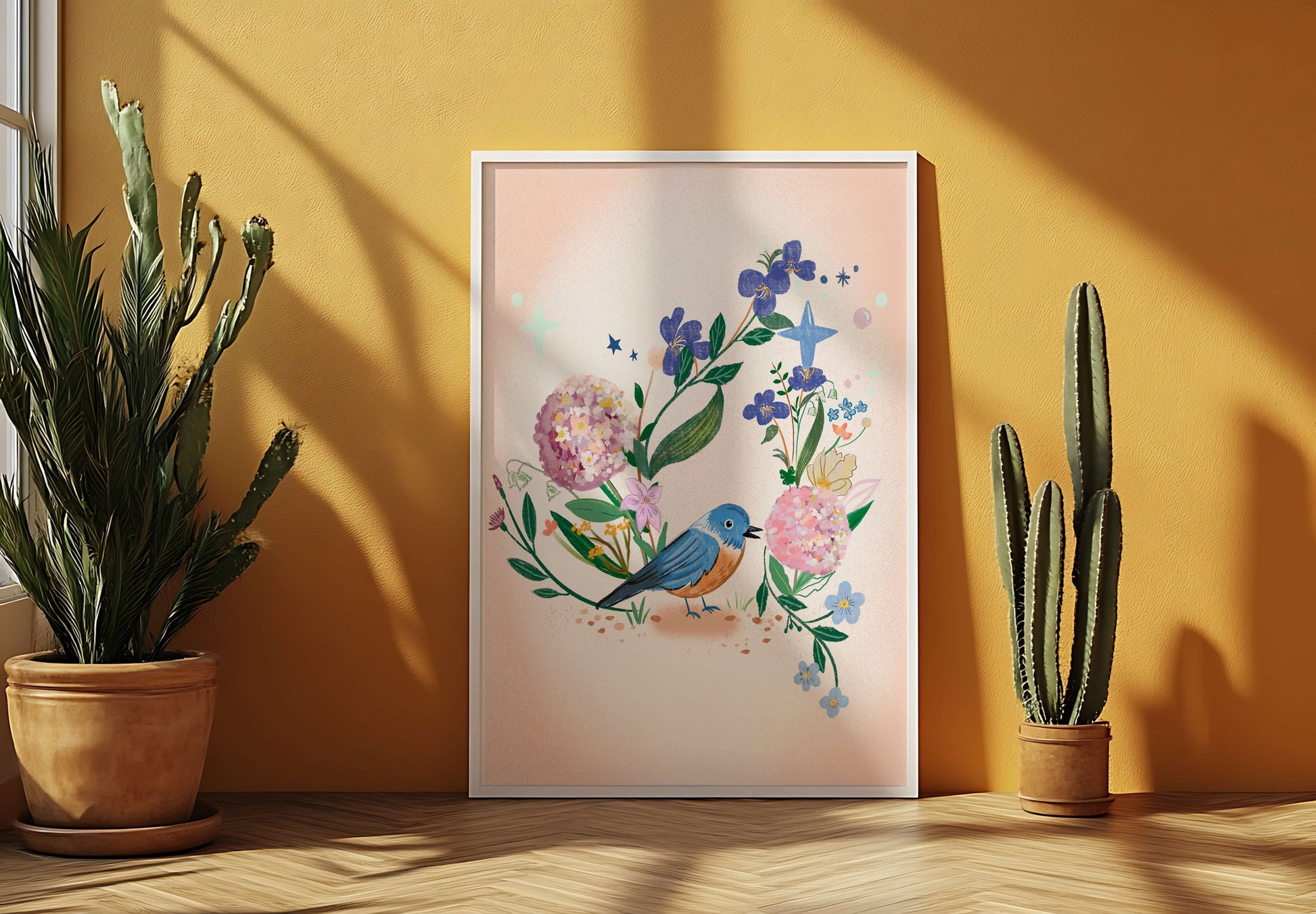 Delightful illustration of a bird amidst colorful flowers on a soft pink background