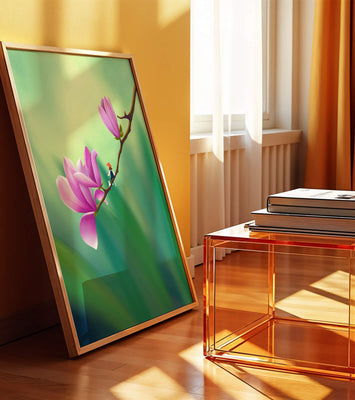 Serene illustration of magnolia flowers with a small figure in a hat
