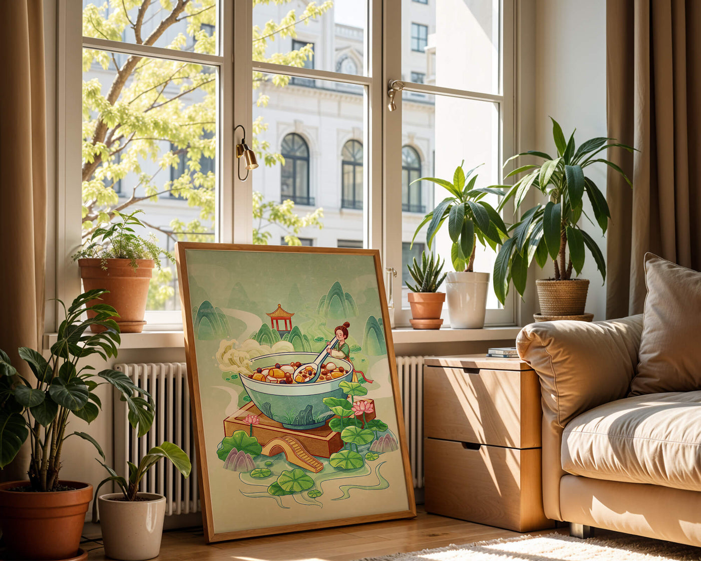 Illustration of a traditional Asian scene with large bowl and serene landscape