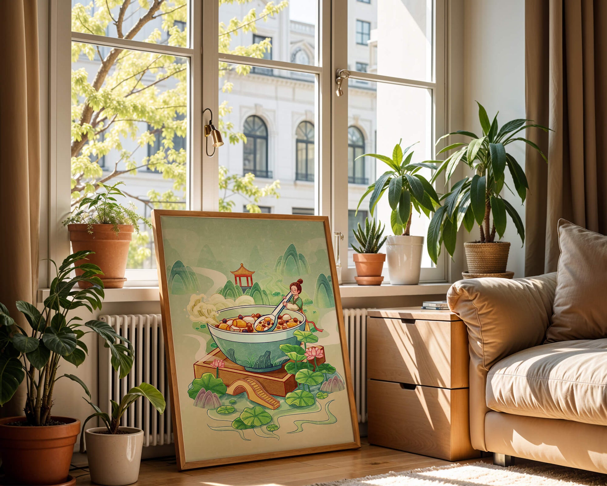 Illustration of a traditional Asian scene with large bowl and serene landscape