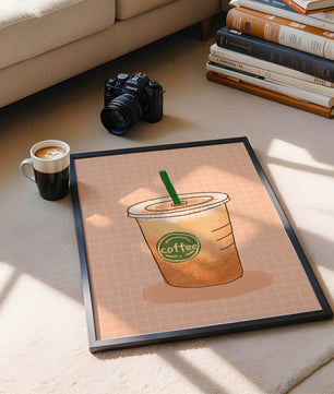 Taza de café helado ilustrada sobre fondo de cuadrícula de melocotón