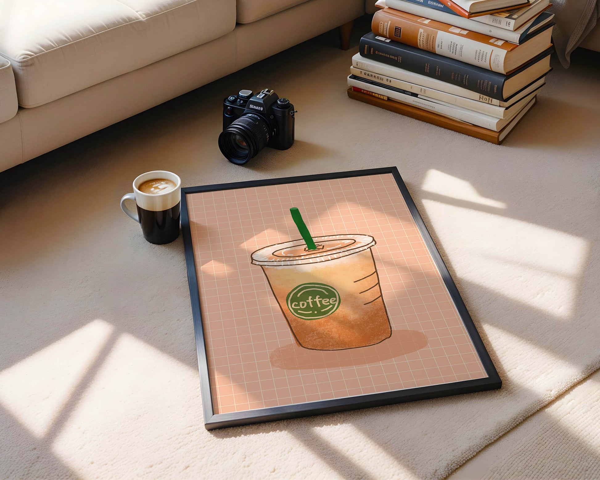 Illustrated iced coffee cup on peach grid background