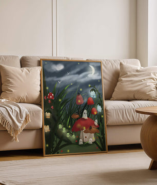 Enchanted night scene with glowing mushrooms and moonlit sky