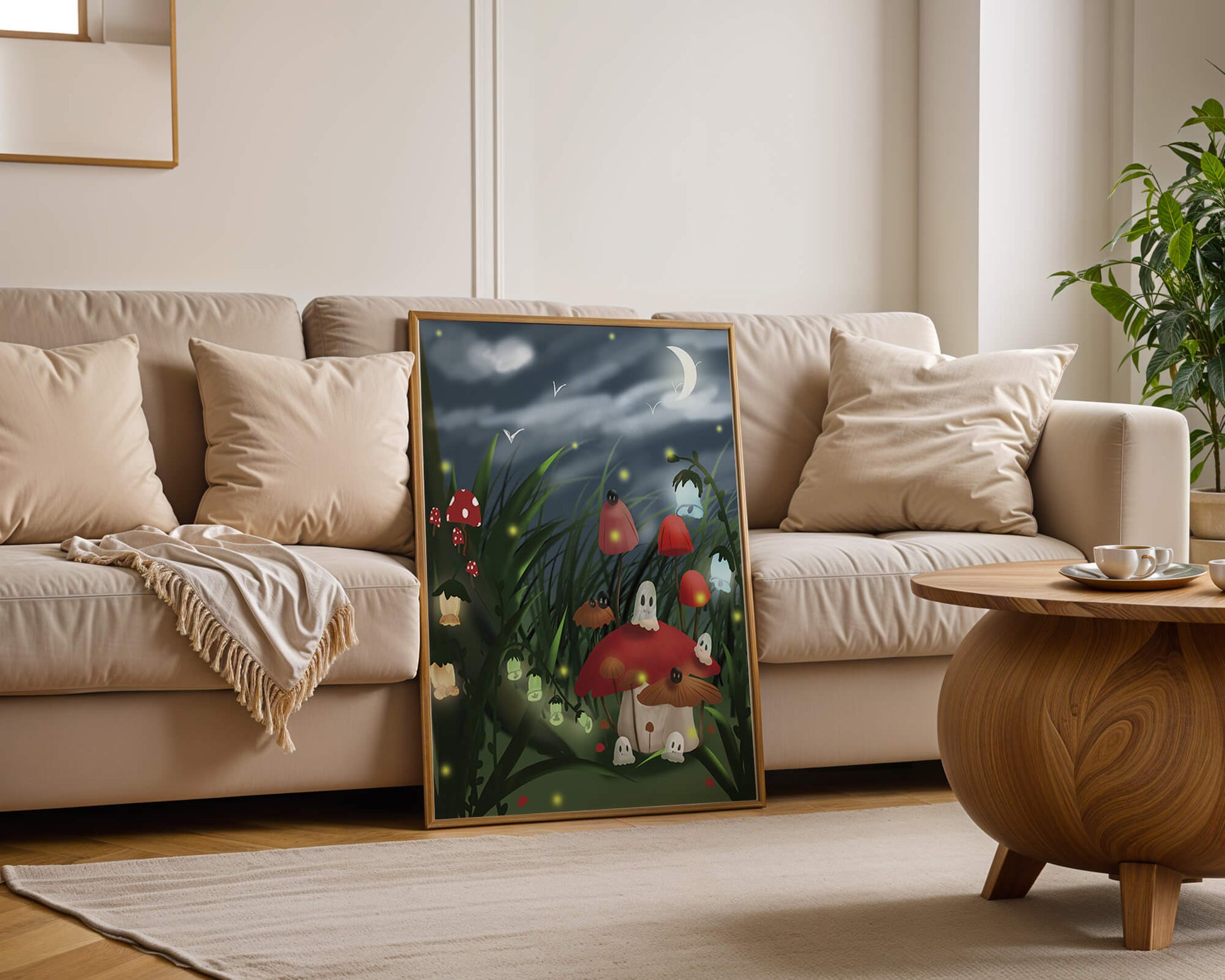 Enchanted night scene with glowing mushrooms and moonlit sky