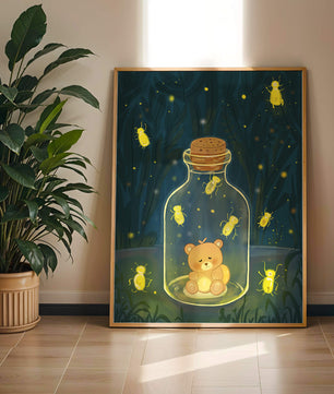 Charming teddy bear in a jar with glowing fireflies