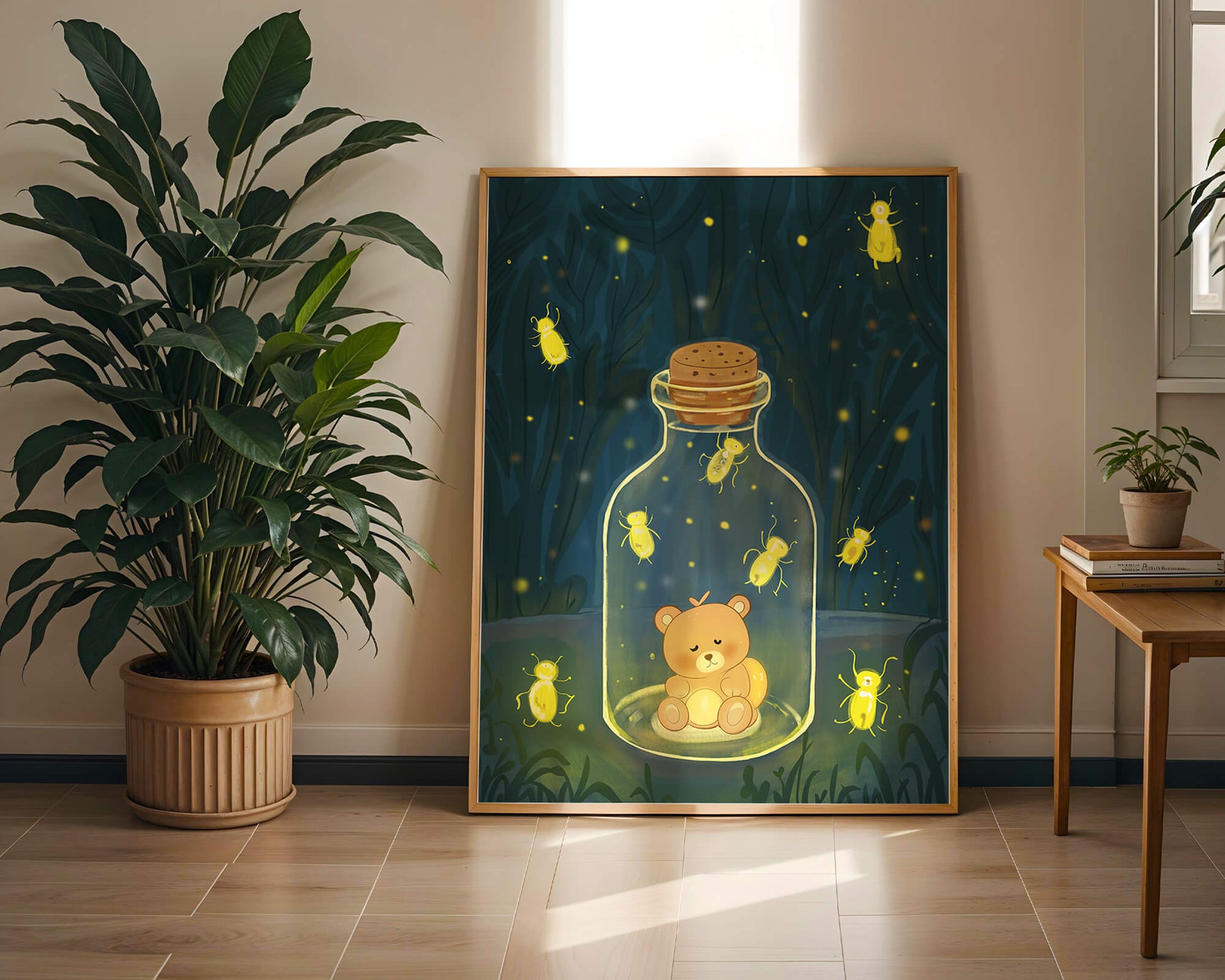 Charming teddy bear in a jar with glowing fireflies