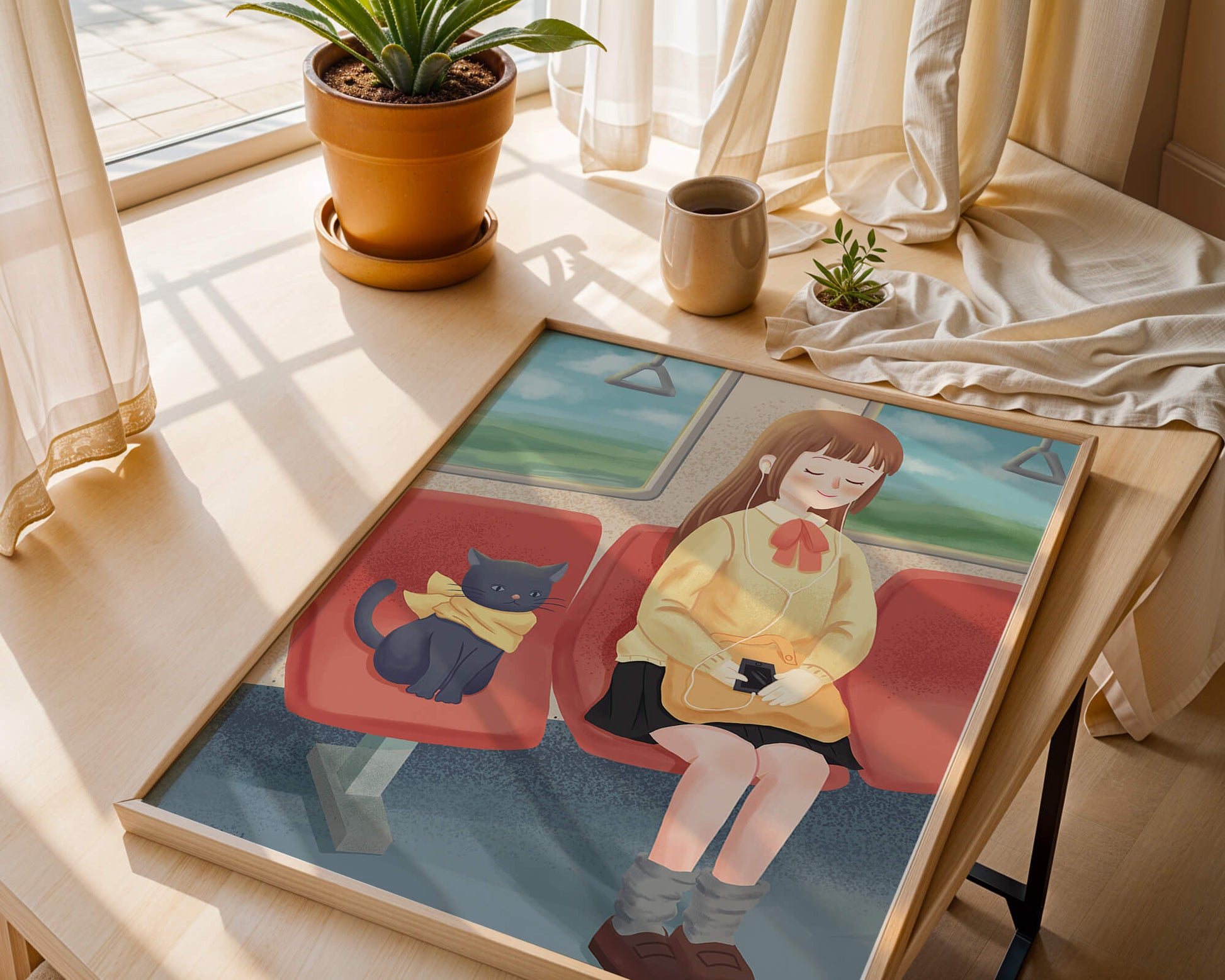 Peaceful train ride with a girl and her cat illustrated