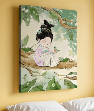 Serene illustration of a girl with a bird in a tree