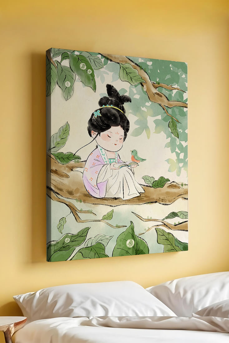 Serene illustration of a girl with a bird in a tree