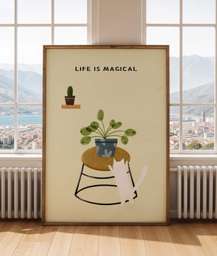 Ilustración encantadora de un gato con planta y mensaje inspirador