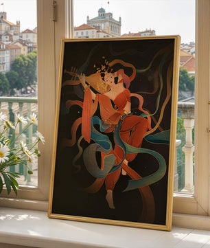 Elegant depiction of a goddess playing a lute with flowing ribbons