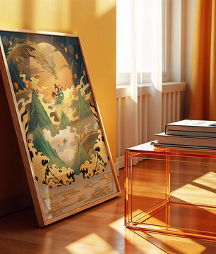 Mythical dragon and warrior painting with golden elements against a mountainous landscape