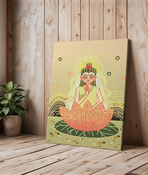 Heitere Illustration einer meditativen Figur auf einem Lotus mit himmlischem Hintergrund