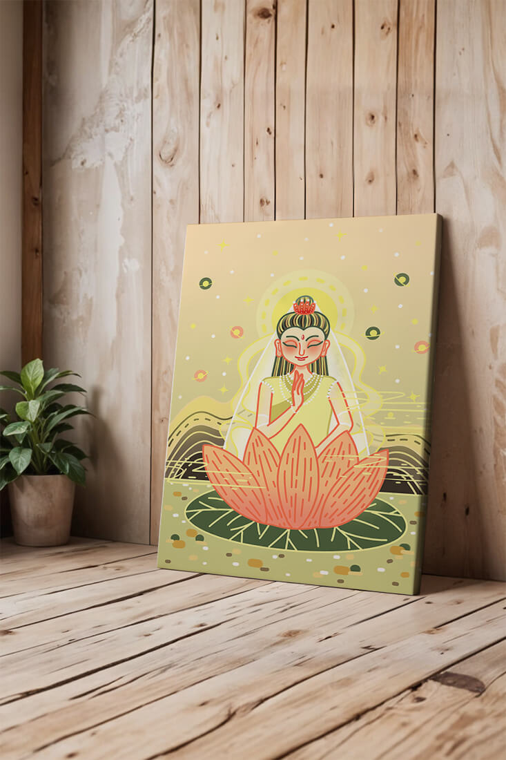 Serene illustration of meditative figure on a lotus with celestial background