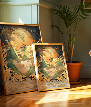 Mythical dragon and warrior painting with golden elements against a mountainous landscape