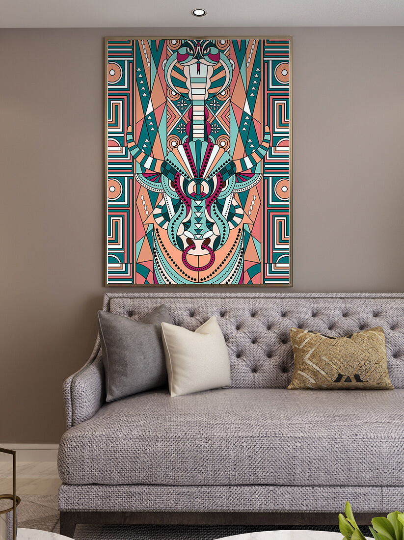 Arte tribal geométrico con motivos de serpiente y toro