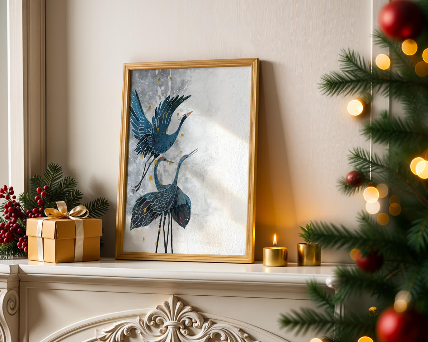 Elegante blaue Kraniche vor einem ruhigen abstrakten Hintergrund mit goldenen Akzenten