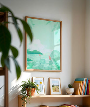 Paisaje de acuarela verde con nenúfares y colinas