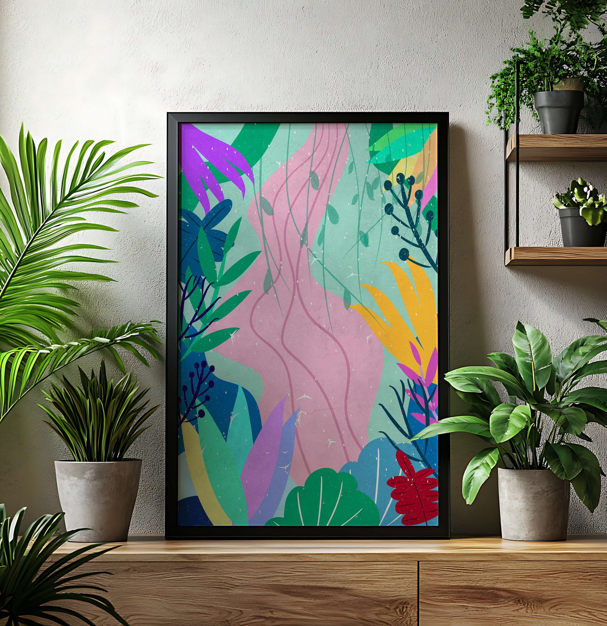 Abstract Botanic Composition with Vibrant Leaves and Shapes