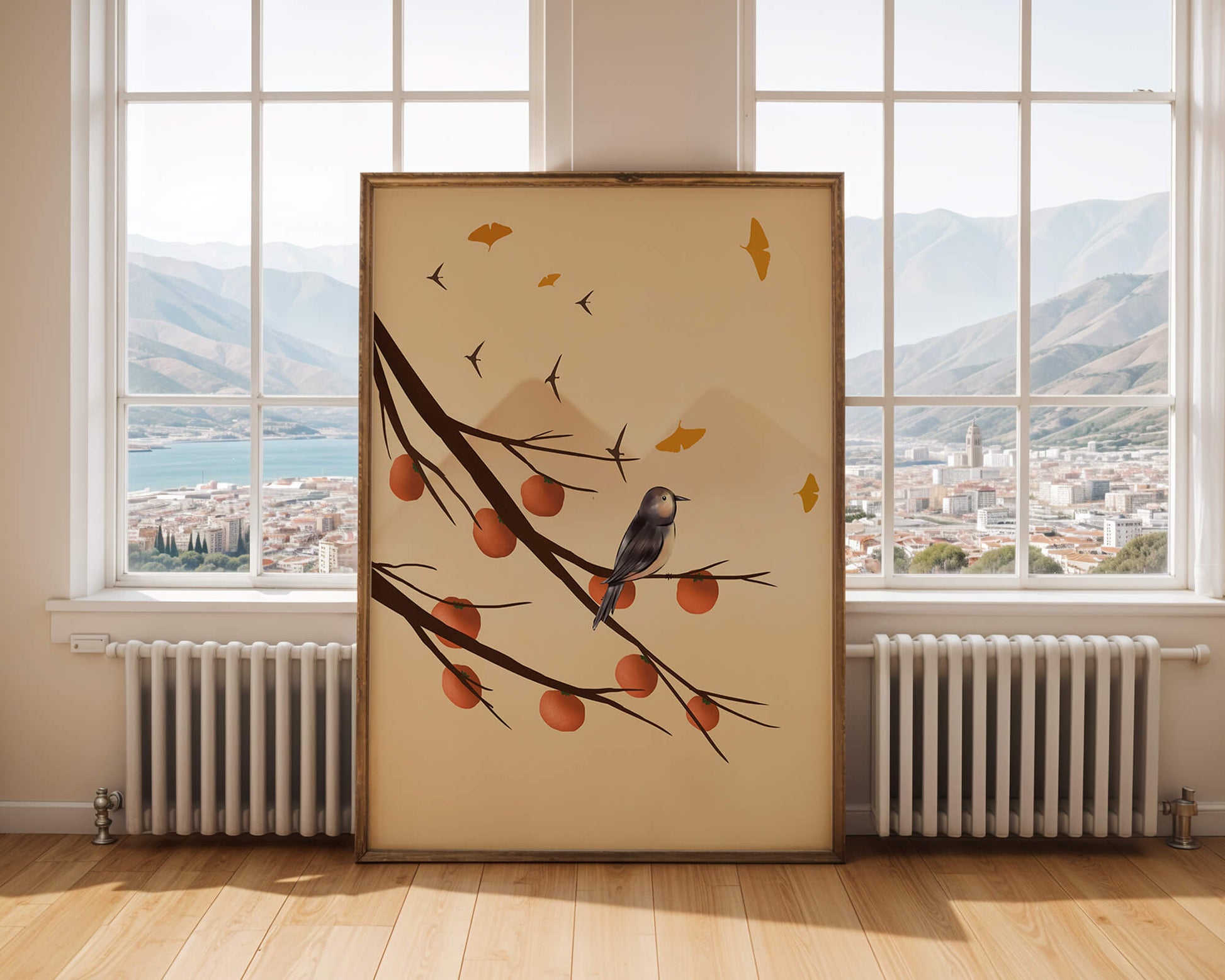 Bird Perched on Branch with Red Fruits and Flying Leaves