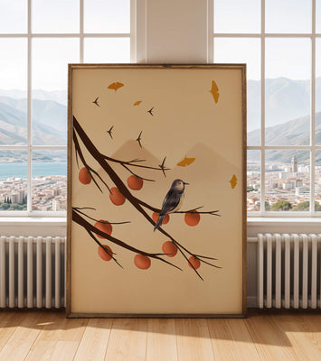 Bird Perched on Branch with Red Fruits and Flying Leaves