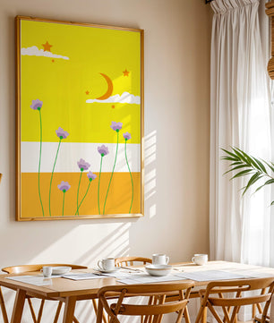 Illustrative landscape with crescent moon, stars, and flowers