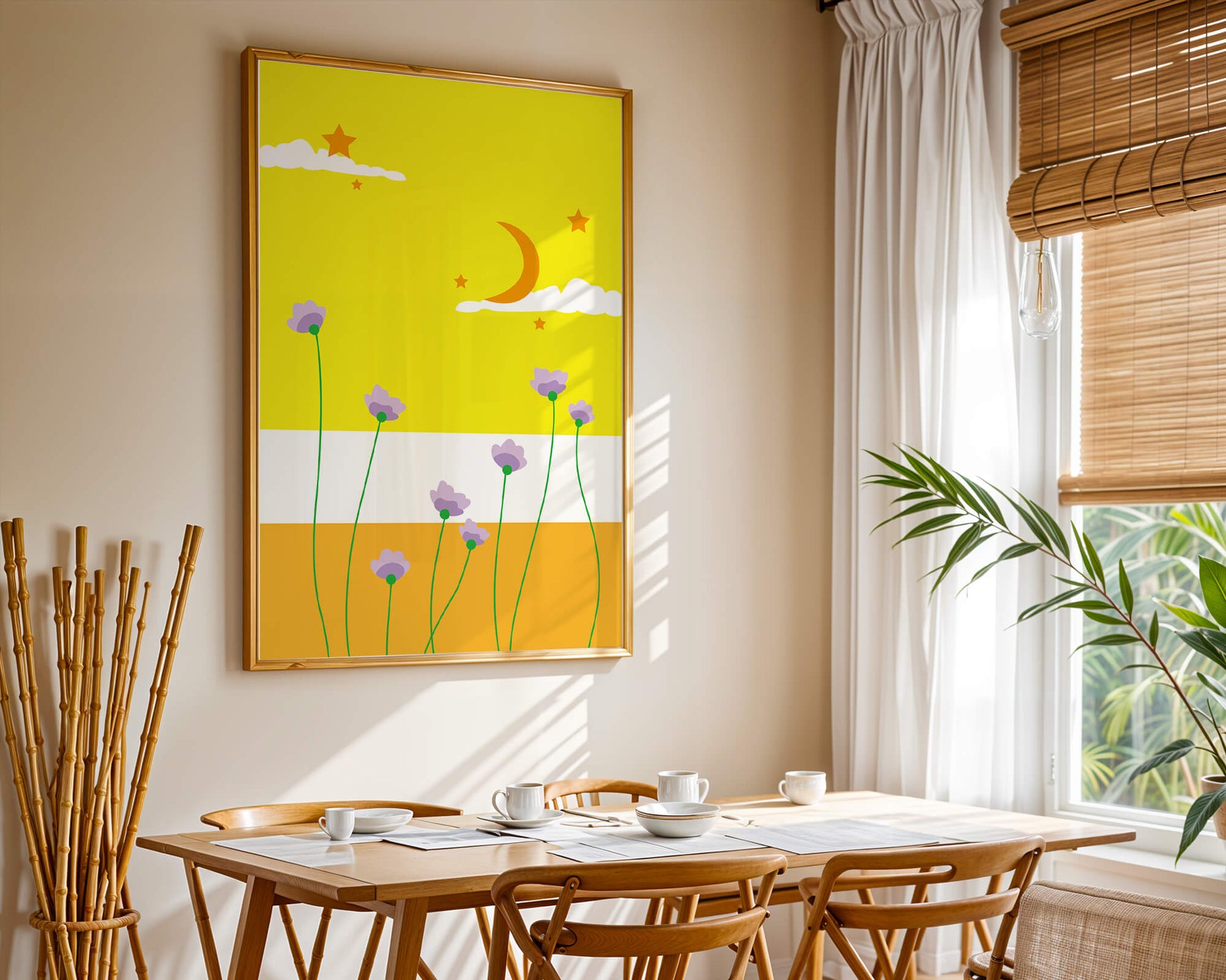 Illustrative landscape with crescent moon, stars, and flowers