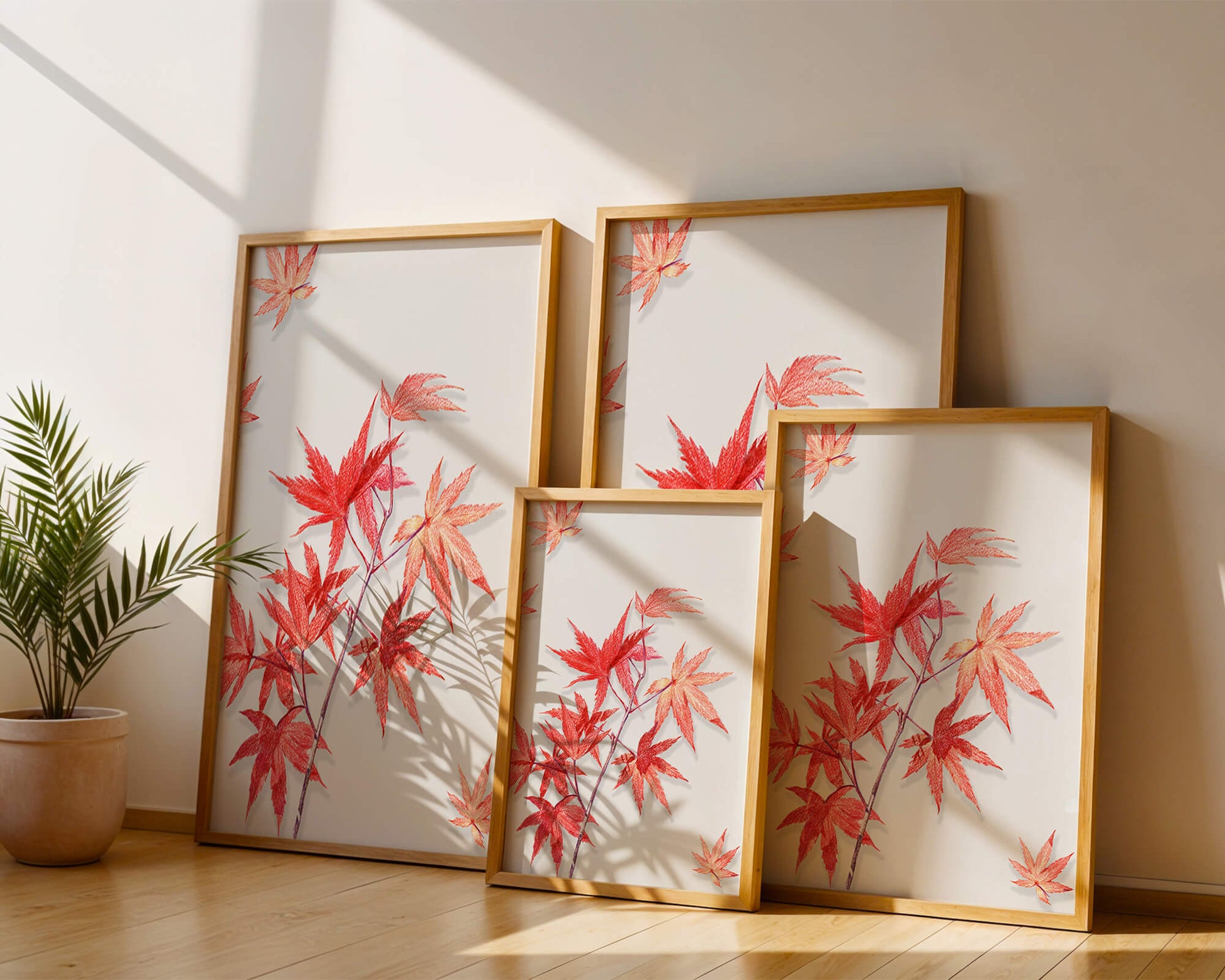 Delicate red maple leaves on white background