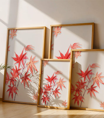 Delicate red maple leaves on white background