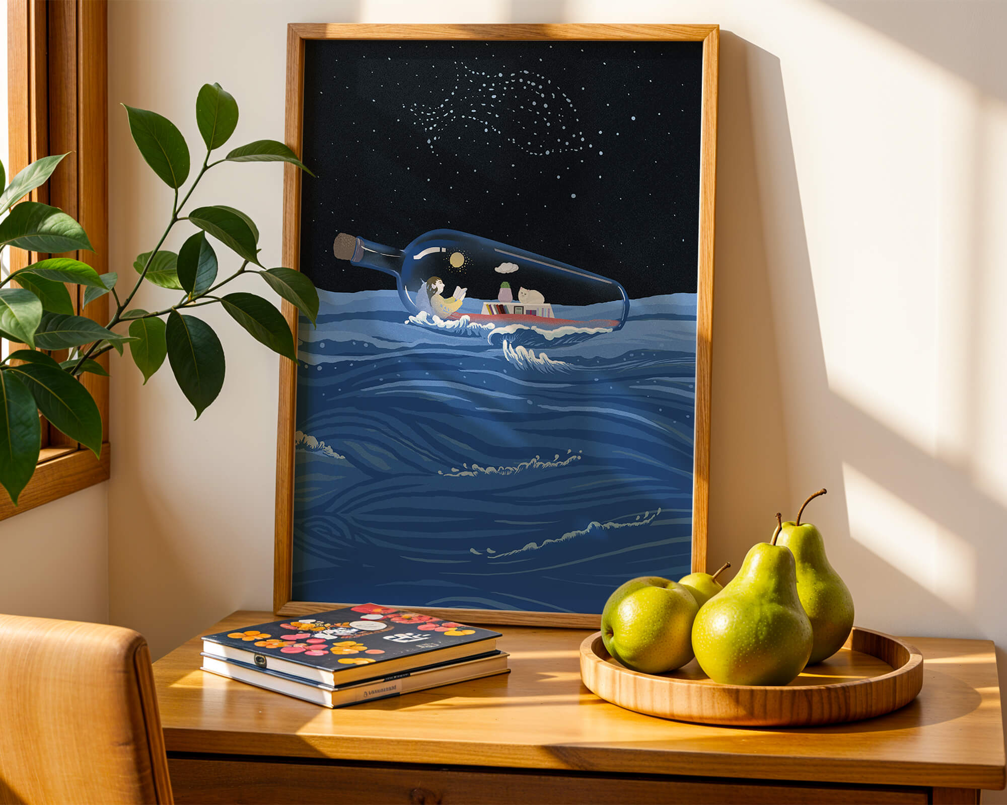 Surreal illustration of a bottle on the ocean with a starry night sky