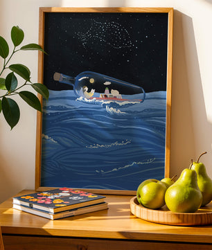 Surreal illustration of a bottle on the ocean with a starry night sky