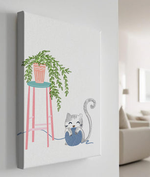 Cat Playing with Yarn Beside a Potted Plant on Pink Stool - Mi tienda