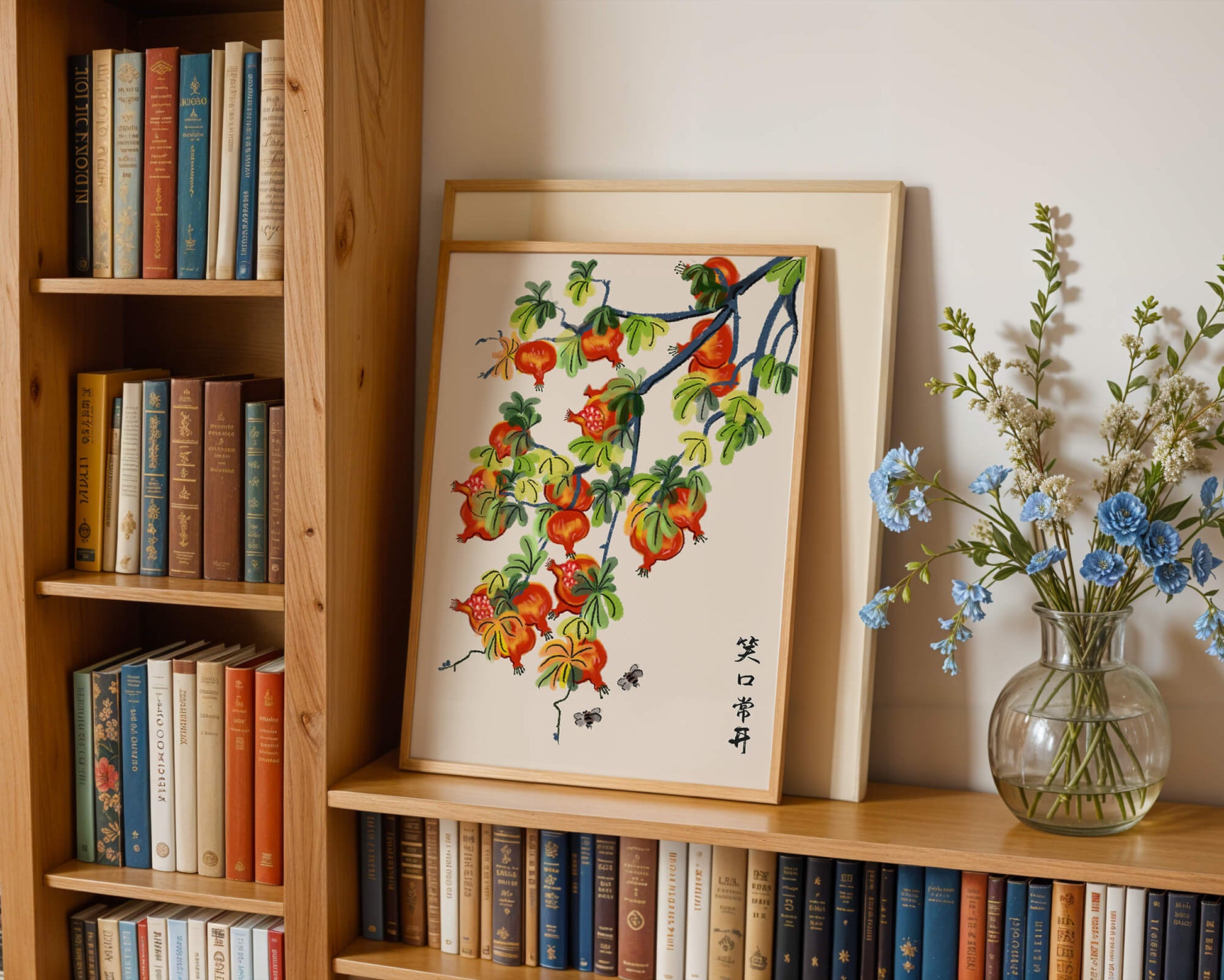 Artistic illustration of vibrant pomegranates on a branch with Asian aesthetic