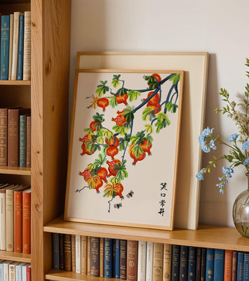 Artistic illustration of vibrant pomegranates on a branch with Asian aesthetic