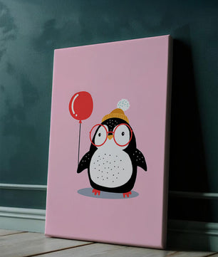 Ilustración adorable de un pingüino con globo y gafas