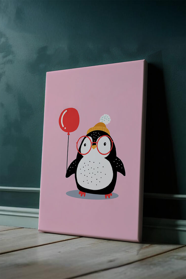 Adorable penguin with balloon and glasses illustration