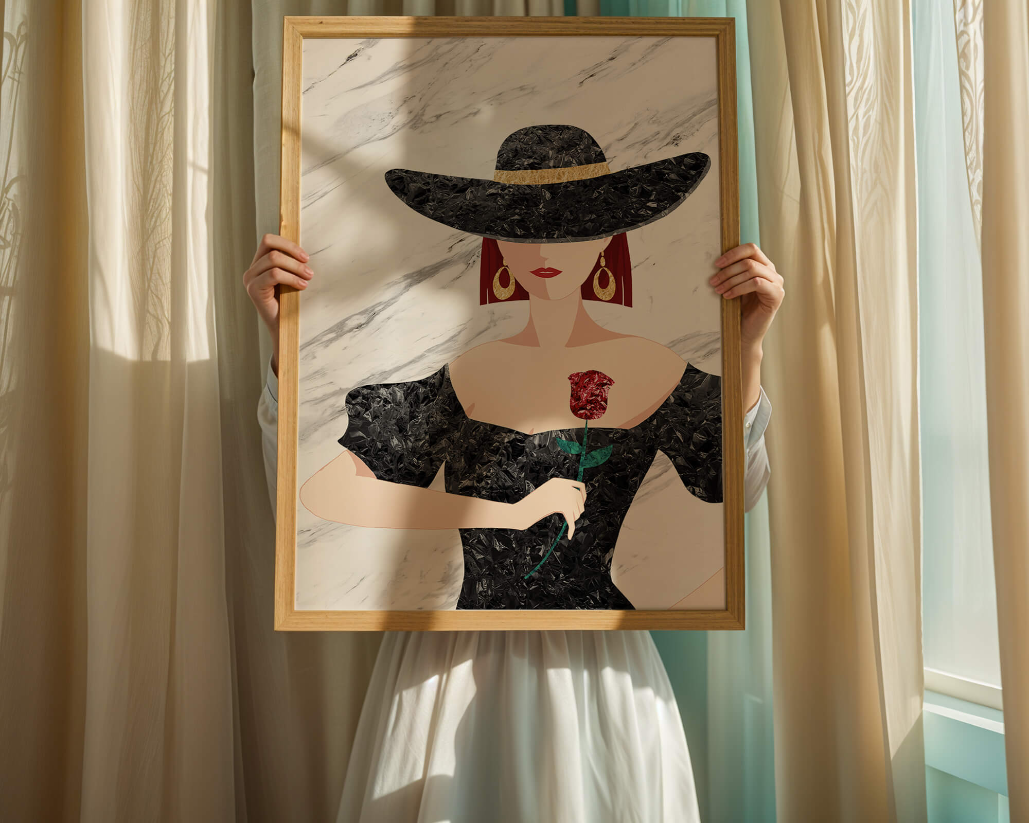Elegant woman in wide-brimmed hat holding a rose on marble background