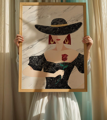 Elegant woman in wide-brimmed hat holding a rose on marble background