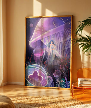 Underwater Fantasy Scene with Jellyfish and Girl