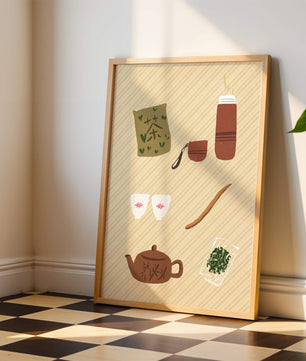 Illustración de un juego de té tradicional con hojas de té y accesorios